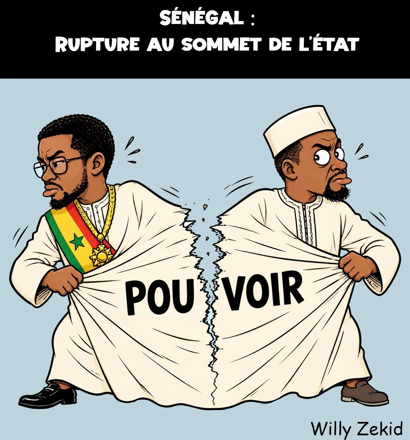 Caricature montrant Ousmane Sonko et Bassirou Diomaye Faye s'éloignant en déchirant la tunique qui les unissait et sur laquelle il est écrit "pouvoir".