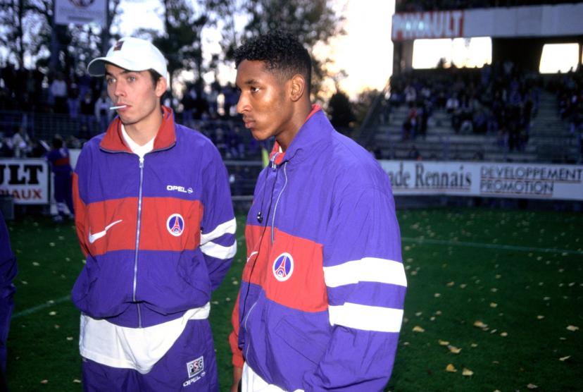 Nicolas Anelka (right) with Jérôme Leroy, playing for PSG in October 1996 at Rennes