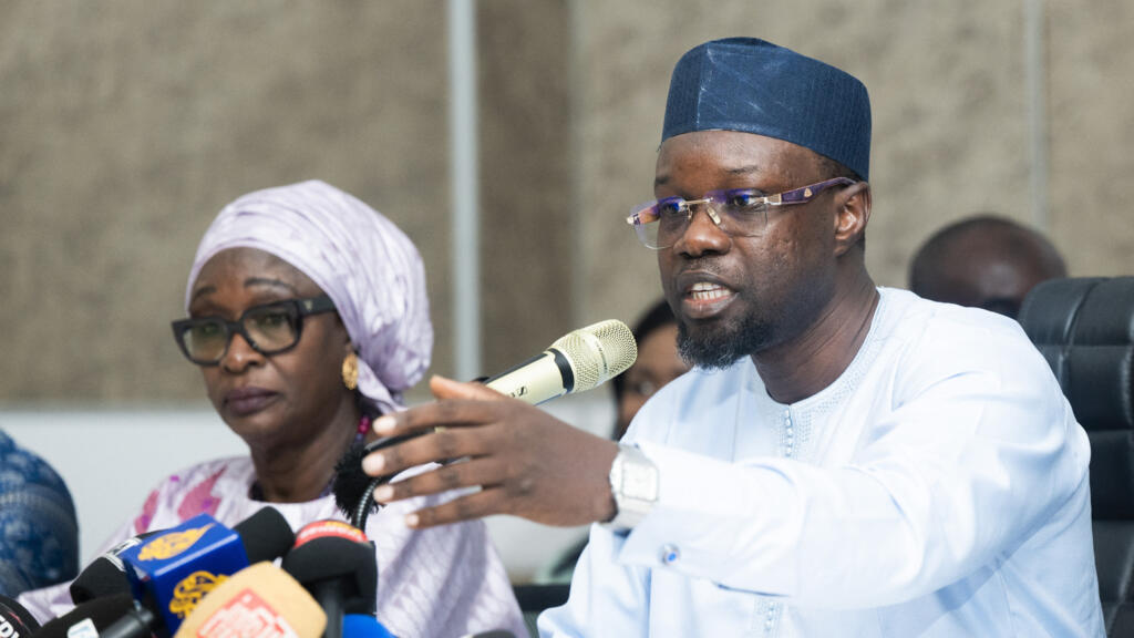 Ousmane Sonko addressing the press during a conference in Dakar on Tuesday, June 2.