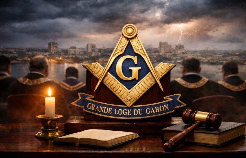 Exterior view of Gabon's Grand Lodge building at dusk