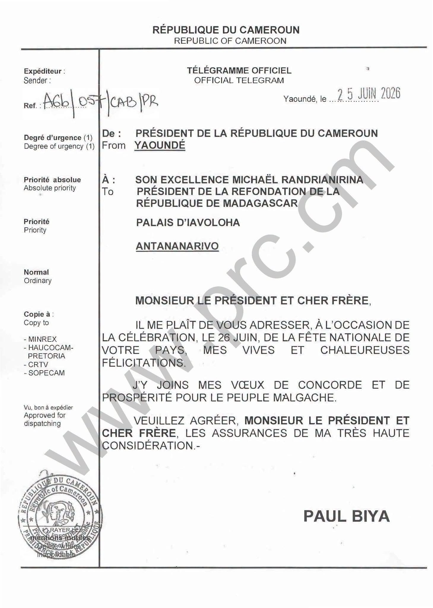 President Paul Biya’s congratulatory message to His Excellency Michaël Randrianirina on Madagascar’s national day, June 26, 2026.