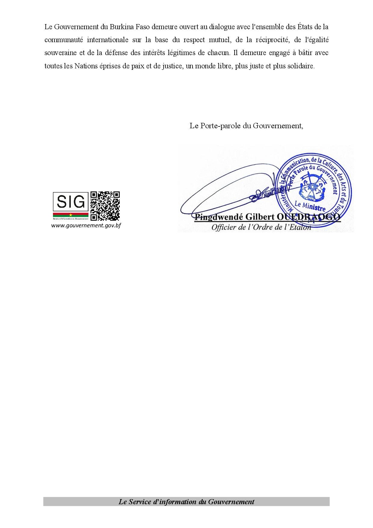 Government spokesperson signature on the diplomatic communiqué
