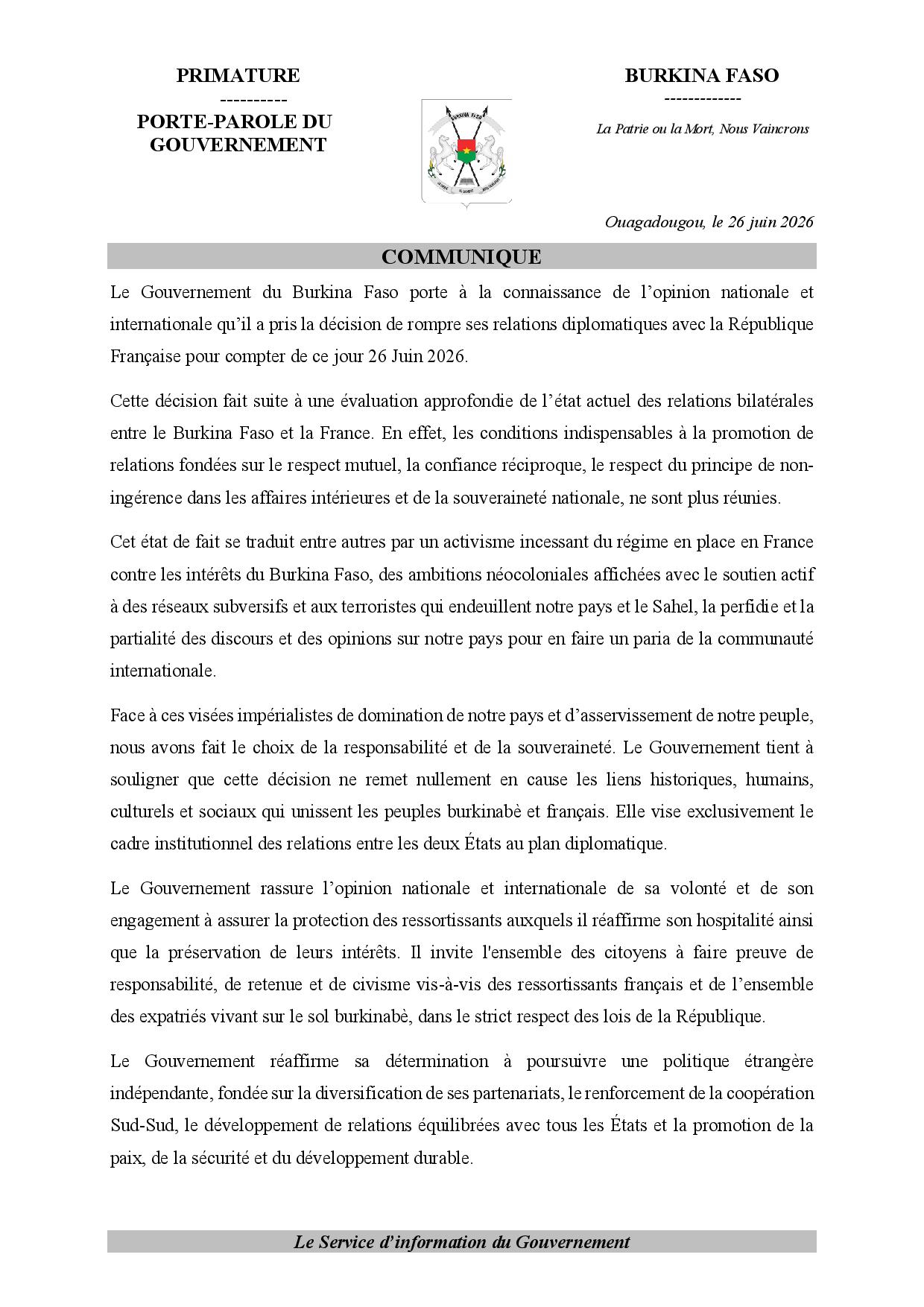 Official government statement on the diplomatic rupture