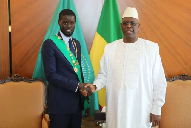 President Bassirou Diomaye Faye with outgoing President Macky Sall during inauguration ceremony