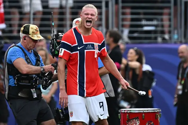 Erling Haaland celebrates after Brazil's win