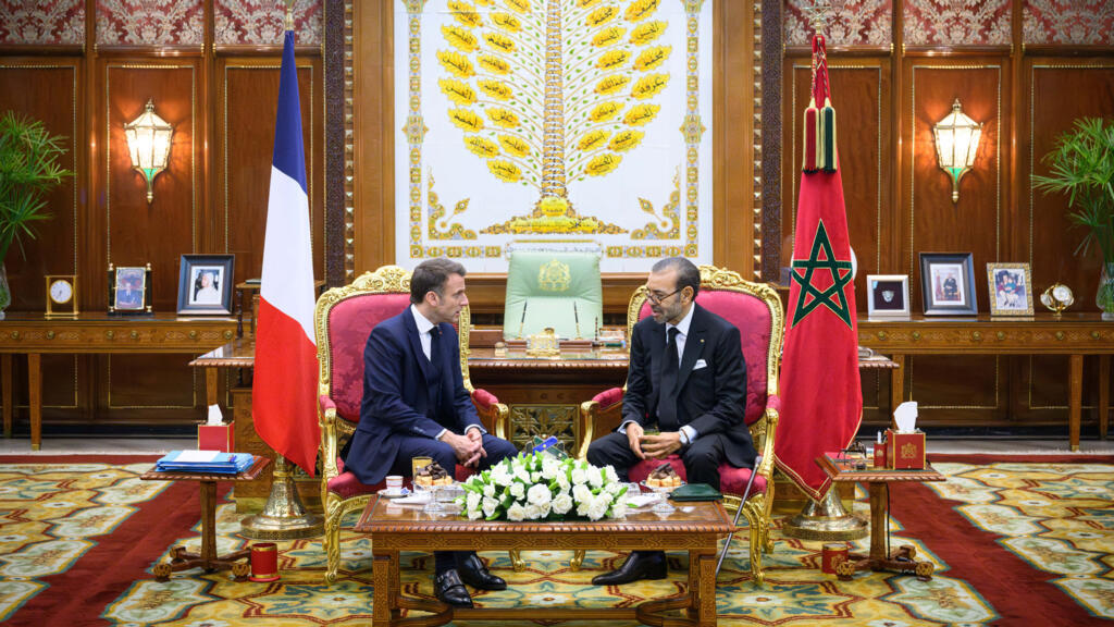 French President Emmanuel Macron greeted by Morocco's King Mohammed VI in Rabat