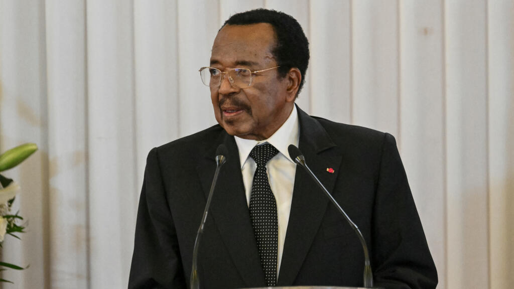 Cameroon's President Paul Biya delivering a speech alongside Pope Leo XIV (not pictured) at the presidential palace in Yaoundé, during the third day of an 11-day apostolic tour in Africa, April 15, 2026.
