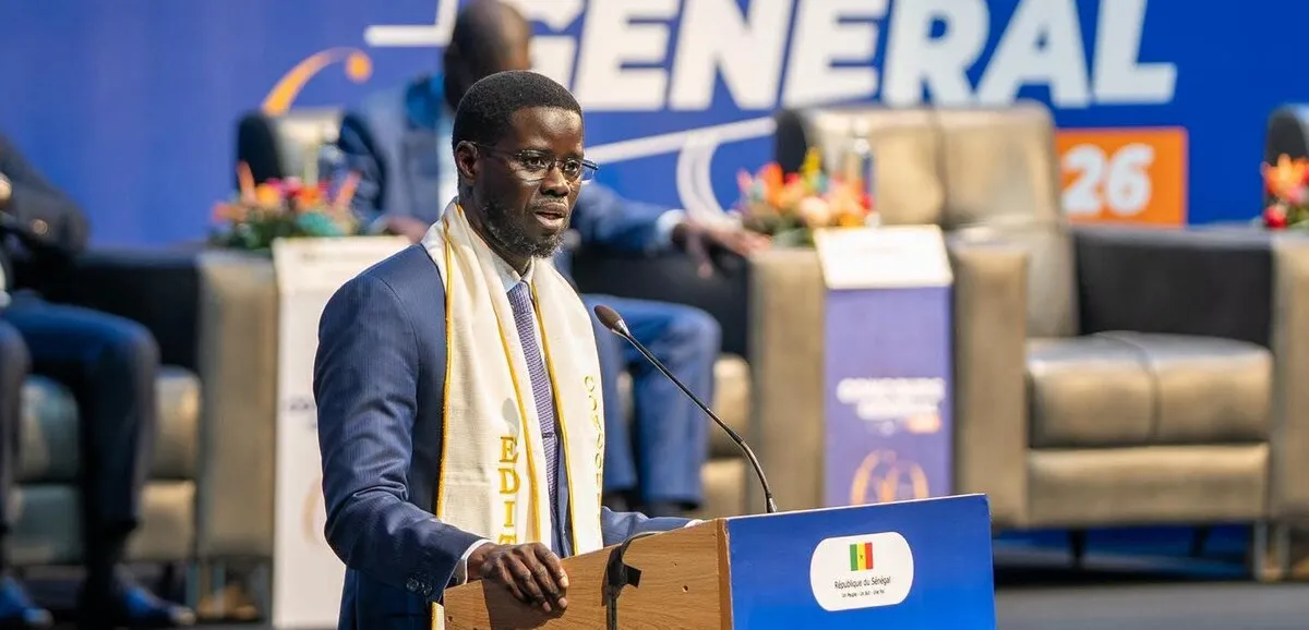 President Bassirou Diomaye Faye speaking at the Concours général awards ceremony, highlighting the Dakar 2026 Youth Olympics