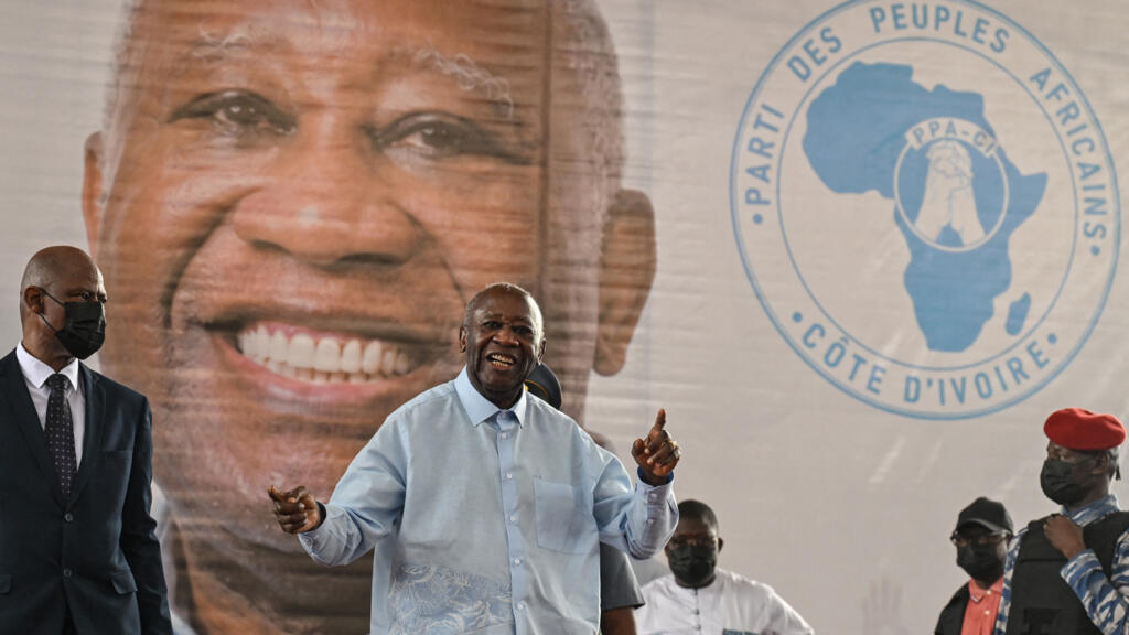 Former Ivorian President and PPA-CI leader Laurent Gbagbo (center) speaks during the closing ceremony of his party's first congress in Abidjan on May 15, 2026.